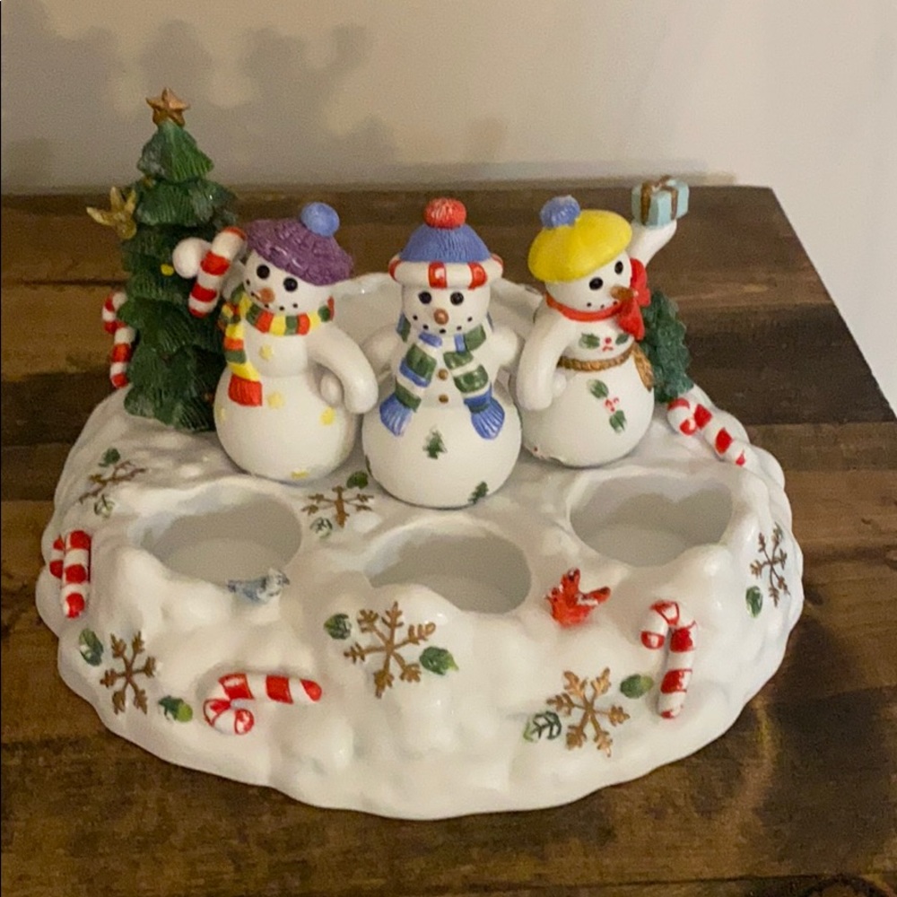 Partylite 3 Snowmen with Pine Trees Candle Holder
